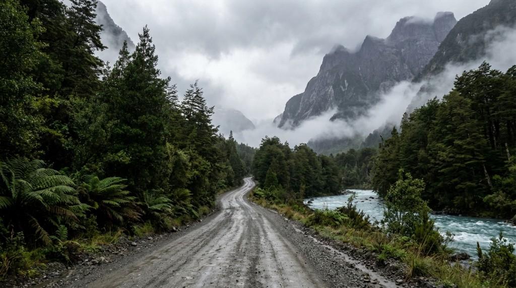 Gravel road and glacial river in the southern forests, Carretera Austral style