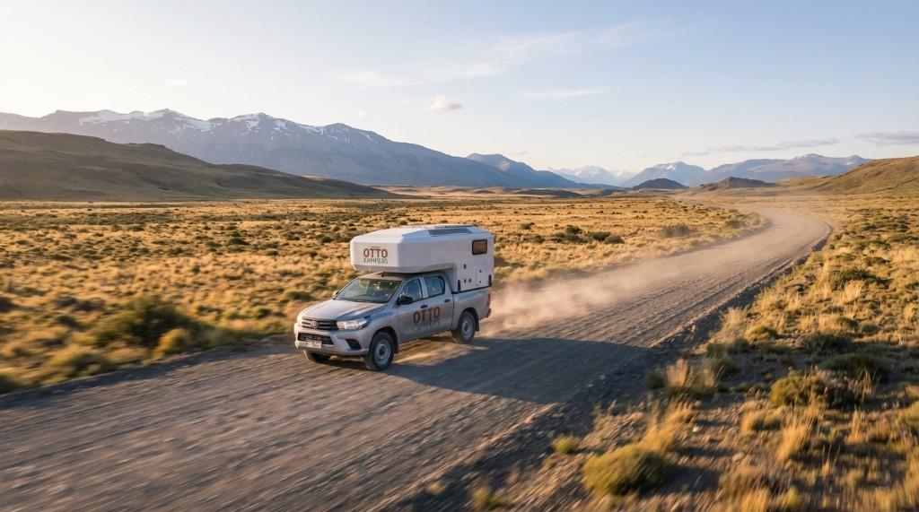 Otto Hilux camper on a gravel road in Patagonia with mountains behind